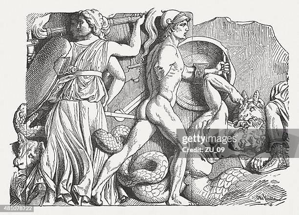 relief from pergamon altar, published in 1881 - artemis berlin stock illustrations