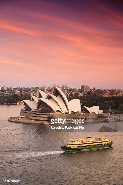 sydney opera house with passing manly ferry - upperdeck view stock pictures, royalty-free photos & images