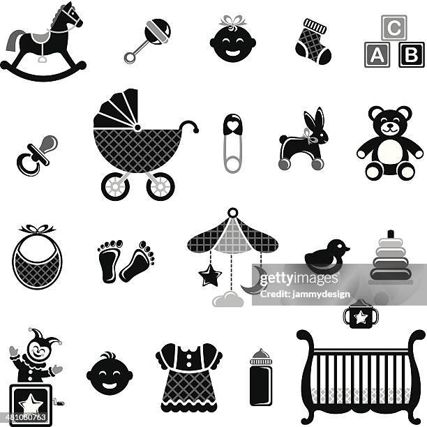 black & white baby icon set - diaper pin stock illustrations