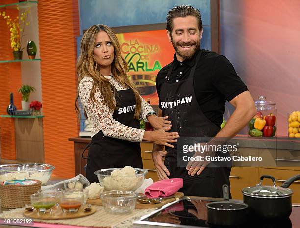 Karla Martinez and Jake Gyllenhaal on the set of "Despierta America" to promote the film "Southpaw" at Univision Studios on July 17, 2015 in Miami,...