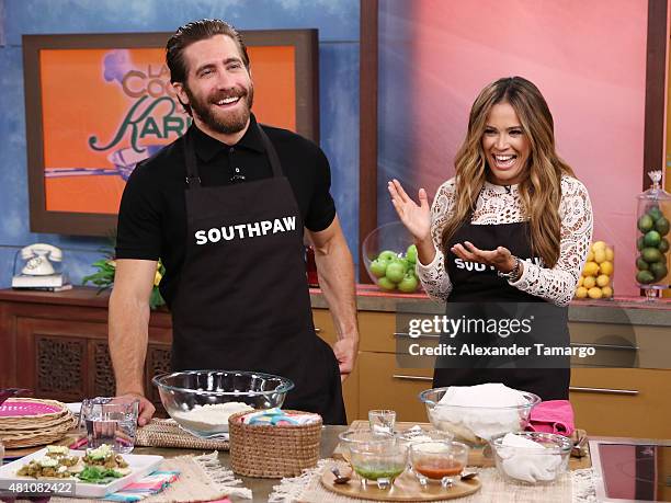 Jake Gyllenhaal and Karla Martinez are seen on the set of "Despierta America" to promote his film "Southpaw" at Univision Studios on July 17, 2015 in...