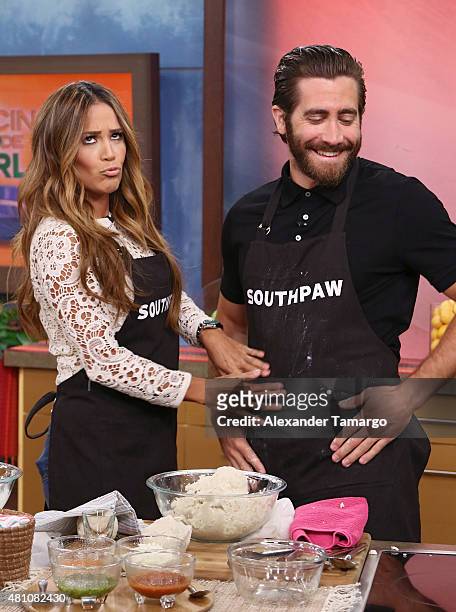 Karla Martinez and Jake Gyllenhaal are seen on the set of "Despierta America" to promote his film "Southpaw" at Univision Studios on July 17, 2015 in...