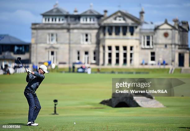 Zach Johnson of the United States hits his tee shot on the 18th hole during the second round of the 144th Open Championship at The Old Course on July...