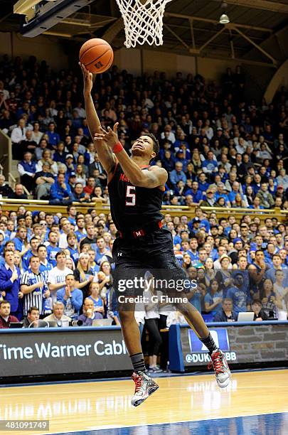 Nick Faust of the Maryland Terrapins drives to the hoop against the Duke Blue Devils at Cameron Indoor Stadium on February 15, 2014 in Durham, North...