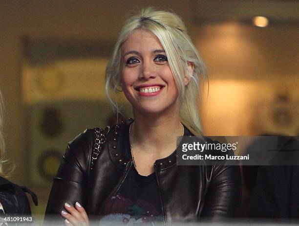 Wanda Nara looks on before the Serie A match between FC Internazionale Milano and Udinese Calcio at San Siro Stadium on March 27, 2014 in Milan,...