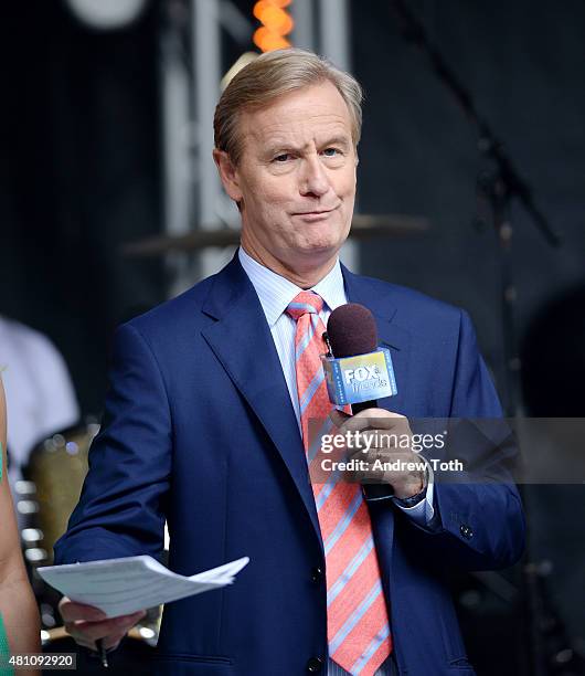 Host Steve Doocy speaks on stage during "FOX & Friends" All American Concert Series outside of FOX Studios on July 17, 2015 in New York City.
