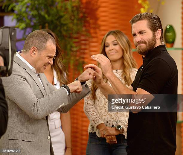 Alan Tacher,Karla Martinez and Jake Gyllenhaal on the set of "Despierta America" to promote the film "Southpaw" at Univision Studios on July 17, 2015...