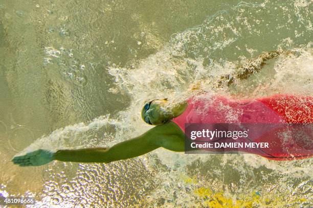 This picture taken with an underwater camera shows Andreina Pinto of the Venezuela competing in the women's 400m freestyle preliminaries at the Pan...