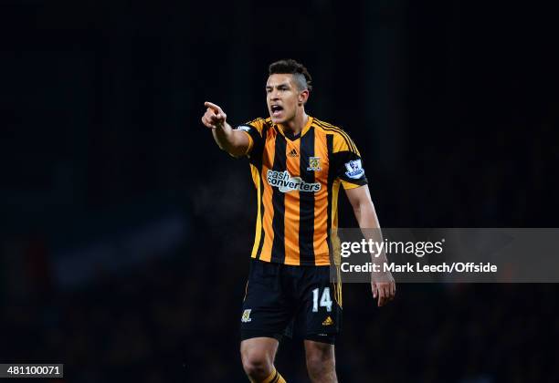Jake Livermore of Hull City reacts during the Barclays Premier League match between West Ham United and Hull City at Upton Park on March 26, 2014 in...