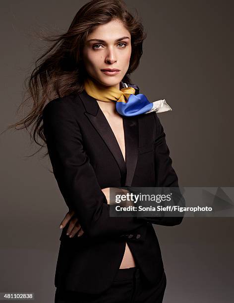 Model/actress Elisa Sednaoui is photographed for Madame Figaro on April 13, 2015 in Paris, France. Suit , scarf . Make-up by Dior. PUBLISHED IMAGE....