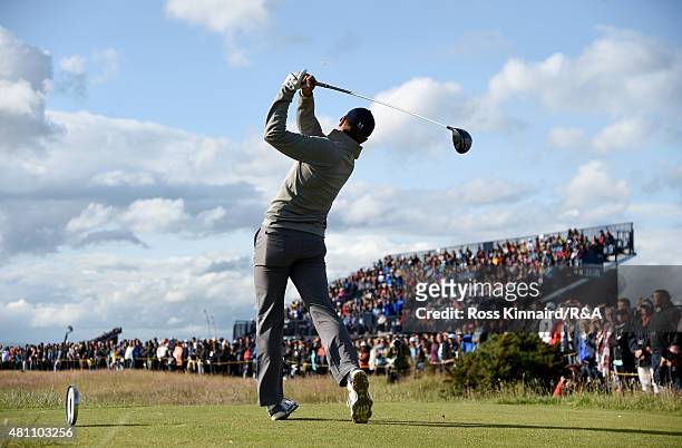 Jordan Spieth of the United States hits his tee shot on the third hole during the second round of the 144th Open Championship at The Old Course on...