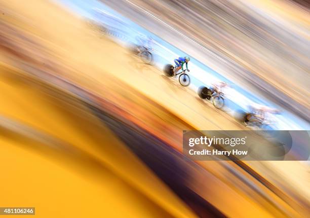 Alice Tamirys Leite De Melo of Brazil races in the women's keirin cycling track round one at the Cisco Milton Pan Am Velodrome on July 17, 2015 in...