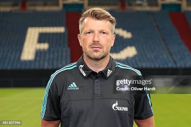 Coach Sven Huebscher poses during the team presentation of FC Schalke 04 at Veltins-Arena on July 17, 2015 in Gelsenkirchen, Germany.