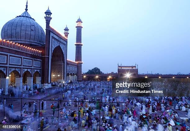 Muslim devotees at Jama Masjid on the eve of Eid-ul-Fitr on July 17, 2015 in New Delhi, India. The Islamic Eid al-Fitr holiday celebrates the...