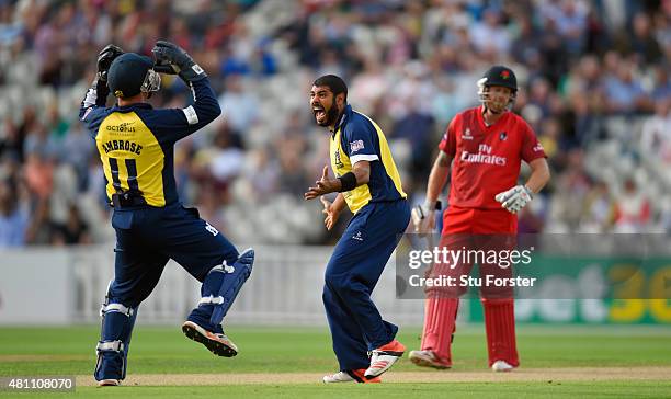 Bears bowler Jeetan Patel appeals for a wicket during the NatWest T20 blast match between Birmingham Bears and Lancashire Lightning at Edgbaston on...