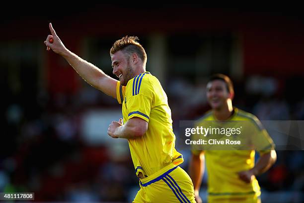 Matthew Mills of Nottingham Forest celebrates his goal during the pre season friendly match between Stevenage and Nottingham Forest at the Lamex...