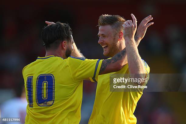 Matthew Mills of Nottingham Forest celebrates his goal during the pre season friendly match between Stevenage and Nottingham Forest at the Lamex...