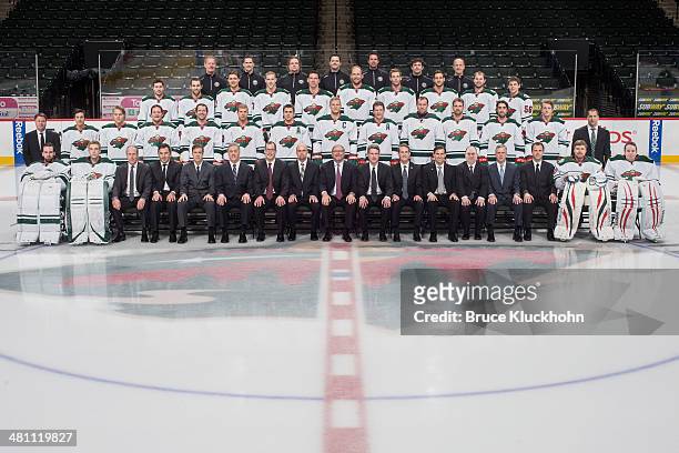 March 14: Members of the Minnesota Wild pose for the official 2013-2014 team photograph at the Xcel Energy Center on March 14, 2014 in St. Paul, MN....