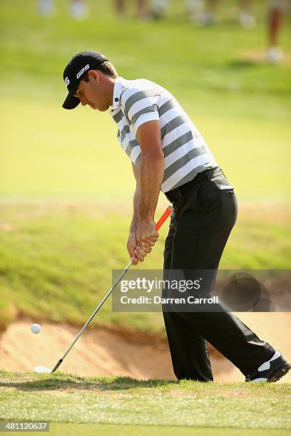 Billy Horschel take his second shot on the 17th during Round Two of the Valero Texas Open at TPC San Antonio AT&T Oak Course on March 28, 2014 in San...