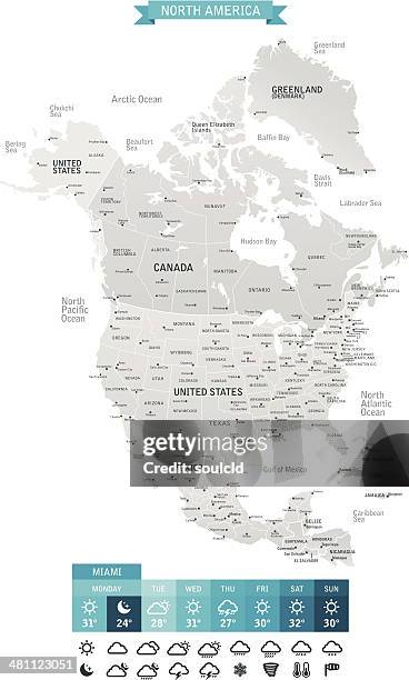 ilustraciones, imágenes clip art, dibujos animados e iconos de stock de américa del norte - carta metereológica