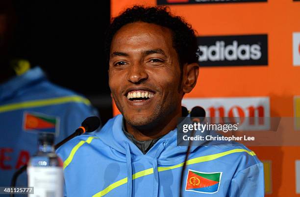 Athlete Zersenay Tadese of Eritrea during IAAF/Al-Bank World Half Marathon Championships Press Conference at the Borsen on March 28, 2014 in...