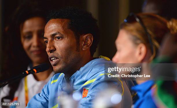 Athlete Zersenay Tadese of Eritrea during IAAF/Al-Bank World Half Marathon Championships Press Conference at the Borsen on March 28, 2014 in...