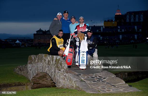 Brandt Snedeker of the United States, Ernie Els of South Africa, Tom Watson of the United States, caddie Michael Watson, caddie Scott Vail and caddie...