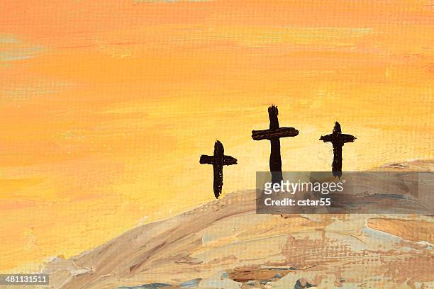 stockillustraties, clipart, cartoons en iconen met religious: easter sunrise with three crosses art painting - master of early colour photography