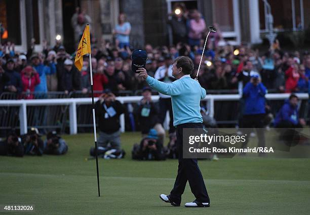 Tom Watson of the United States celebrates after putting on the 18th green during the second round of the 144th Open Championship at The Old Course...