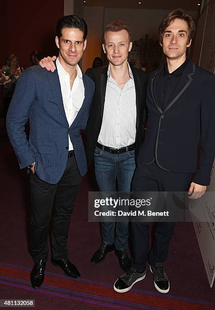 Ballet dancers Marcelo Gomes, Denis Matvienko and Friedemann Vogel attend a post-show drinks reception following the Ardani 25 Dance Gala at The...