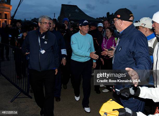 Tom Watson of the United States is congratulated in honor of completing his final Open Championship after his second round of the 144th Open...