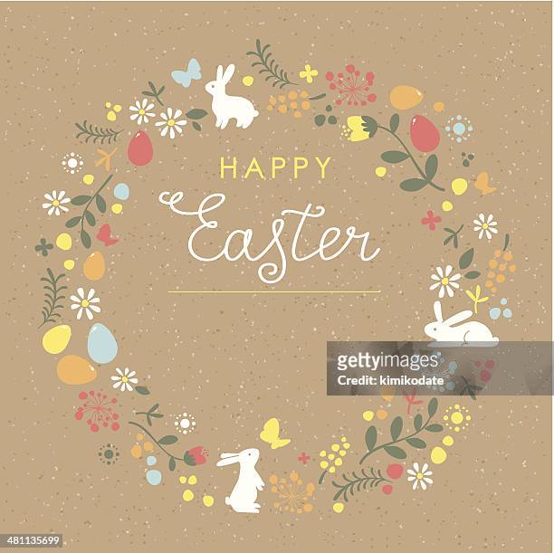 happy easter floral wreath brown paper card - easter stock illustrations