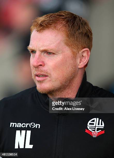 Neil Lennon the manager of Bolton Wanderers looks on during a Pre Season Friendly match between Morecambe and Bolton Wanderers at Globe Arena on July...