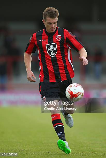 Adam Dugdale of Morecambe during a Pre Season Friendly match between Morecambe and Bolton Wanderers at Globe Arena on July 17, 2015 in Morecambe,...