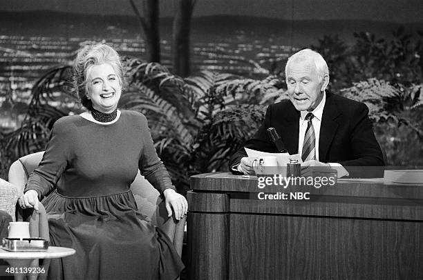 Pictured: Journalist Judith Martin aka Miss Manners during an interview with host Johnny Carson on December 5, 1990 --