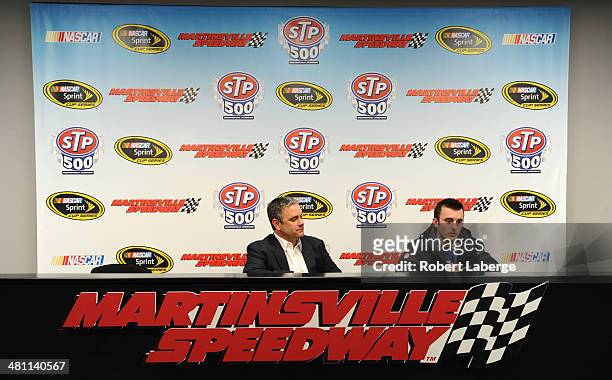 Dr. Michael Lynch, NASCAR vice president of green innovation, and Austin Dillon, driver of the Dow Chevrolet, speak at a press conference for NASCAR...