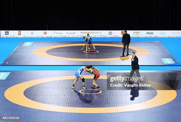 General view of the wrestling competition on Day 3 during the Toronto 2015 Pan Am Games at the Mississauga Sports Centre on July 17, 2015 in Toronto,...