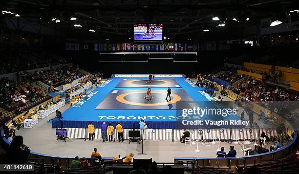 General view of the wrestling competition on Day 3 during the Toronto 2015 Pan Am Games at the Mississauga Sports Centre on July 17, 2015 in Toronto,...