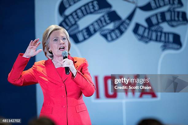 Democratic presidential candidate Hillary Clinton speaks to guests gathered at the Veterans Memorial Building for a kickoff party before the Iowa...