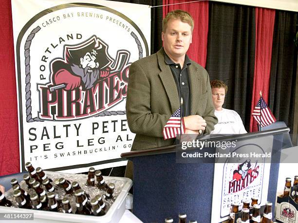 Staff Photo by Doug Jones, Tuesday, September 18, 2001: Portland Pirates VP, Brian Williams, announces Casco Bay Brewing Company's new beer with the...