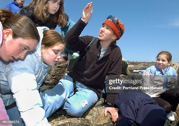 Staff Photo by John Ewing, Thursday, April 10, 2003: Beth Wieland, a naturalist working as an instructor at the Ferry Beach Ecology School in Saco,...