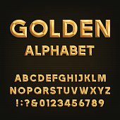 Golden Beveled Font. Vector Alphabet.