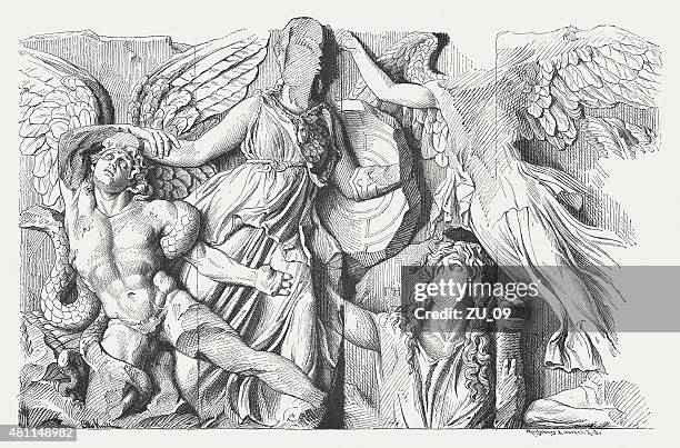 relief from pergamon altar, published in 1881 - berlin museum island stock illustrations