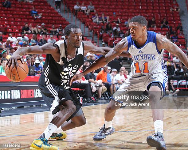 Durand Scott of the Milwaukee Bucks handles the ball against the New York Knicks on July 17, 2015 at the Thomas & Mack Center in Las Vegas, Nevada....