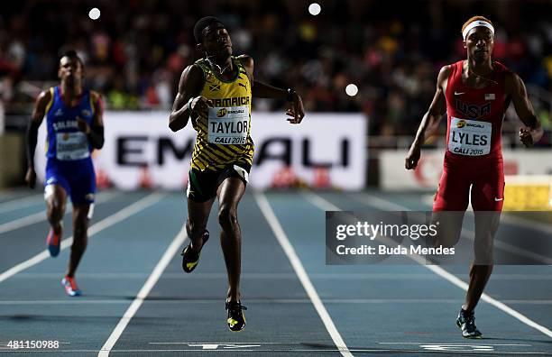 Christopher Taylor of Jamaica and Josephus Lyles in action during the Boys 400 Meters Final on day three of the IAAF World Youth Championships, Cali...