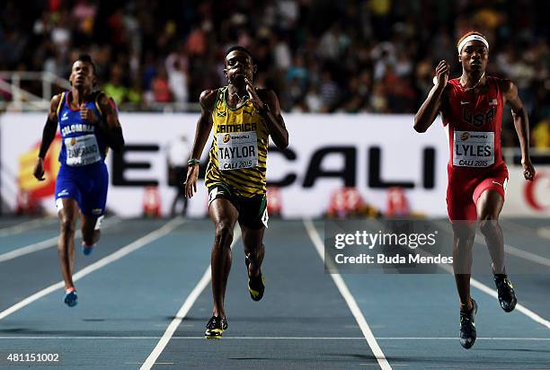 Christopher Taylor of Jamaica and Josephus Lyles in action during the Boys 400 Meters Final on day three of the IAAF World Youth Championships, Cali...