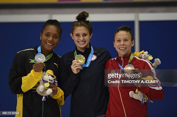 Gold winner Katie Meili of the US , silver winner Alia Atkinson of Jamaica , and Broze winner Rachel Nicol of Canada after the Women's 100m...