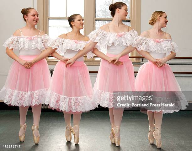 Staff photo by Gordon Chibroski: Sarah Welch, Danielle Cyr, Joanna Futral and Elizabeth Damon, members of the Senior Corps at Dance Studio of Maine,...