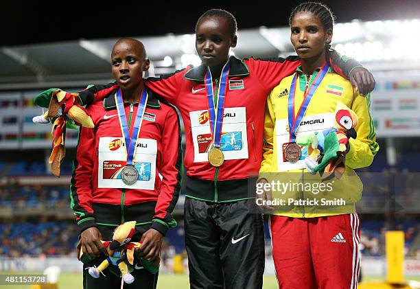 Celliphine Chepteek Chespol of Kenya, gold medal, Sandrafelis Chebet Tuei of Kenya, silver medal, and Agrie Belachew of Ethiopia, broze medal,...