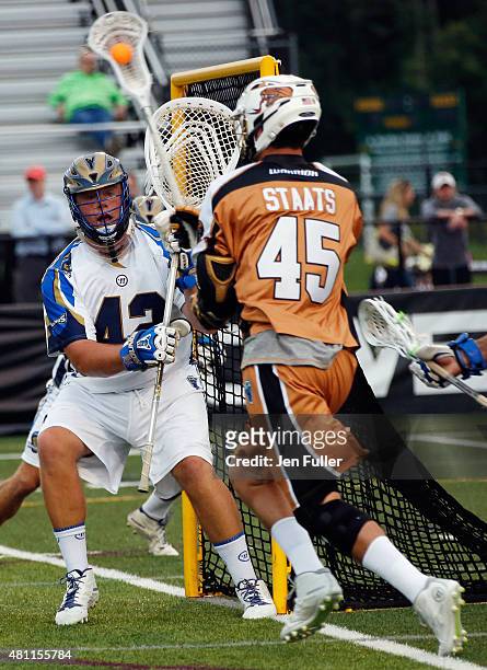 Jack Runkel of the Charlotte Hounds defends the net against Randy Staats of the Rochester Rattlers at Eunice Kennedy Shriver Stadium on July 17, 2015...